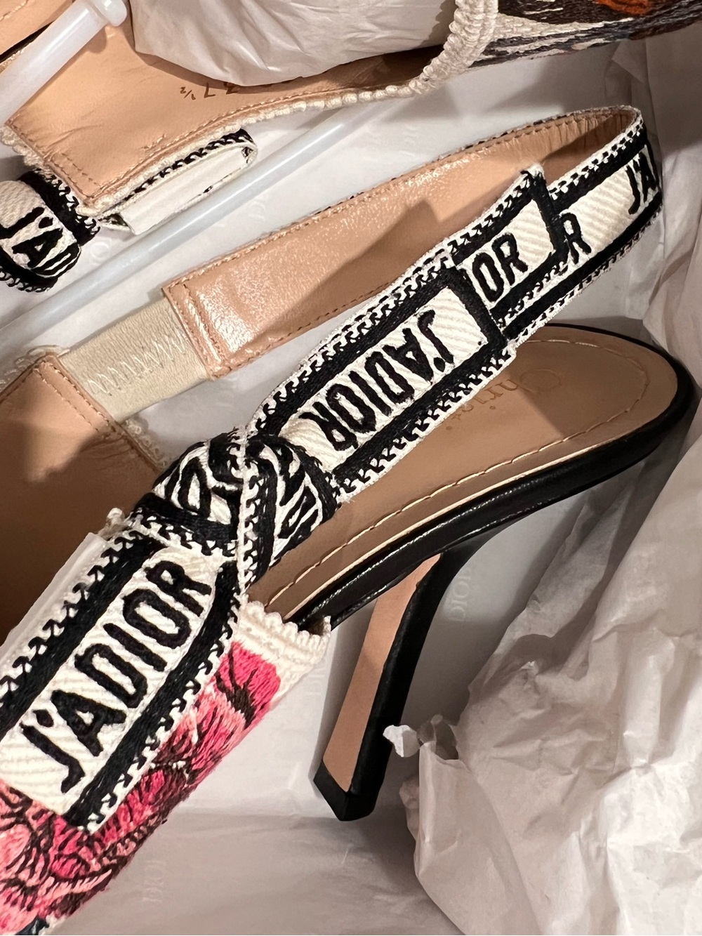 Dior J'Adior Embroidered Slingback Pumps in Cream, Pink, Blue & Brown - Picture 3 of 7